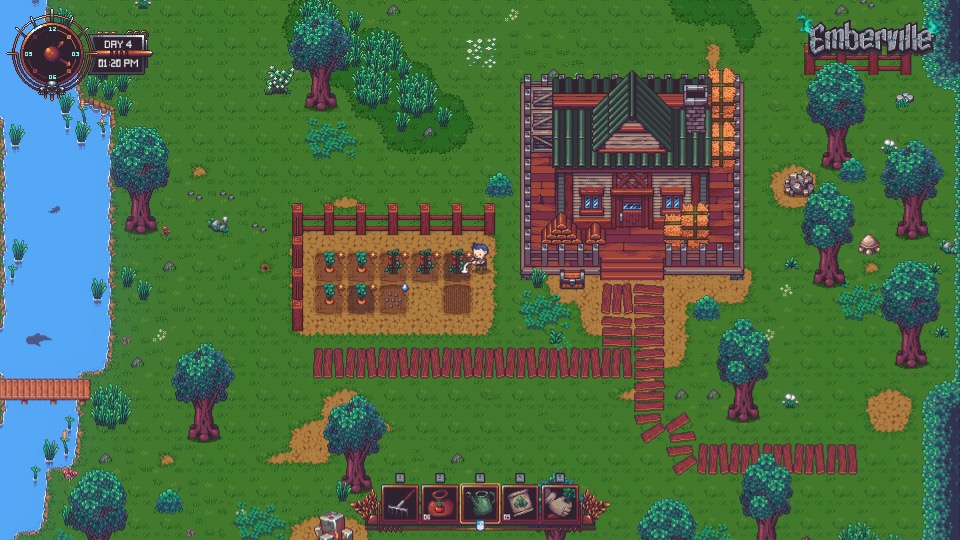 Emberville official Steam screenshot of a farm beside a riverside cabin